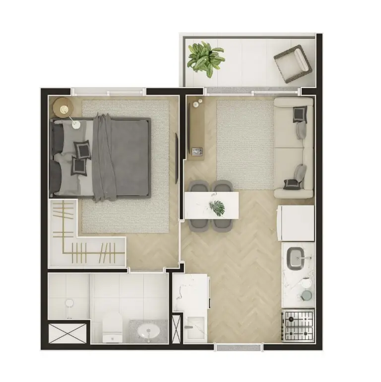 Planta 1 dormitório 27 m²