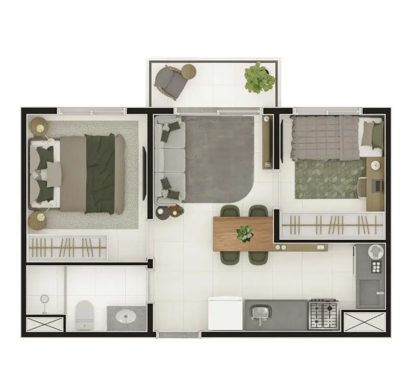 Planta 2 dormitórios 36 m²