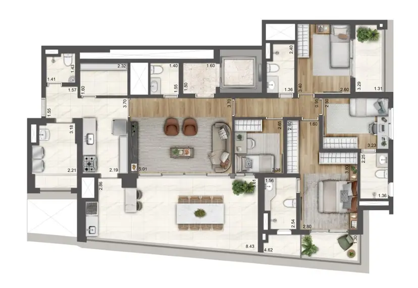 Planta 4 dormitórios 162 m²