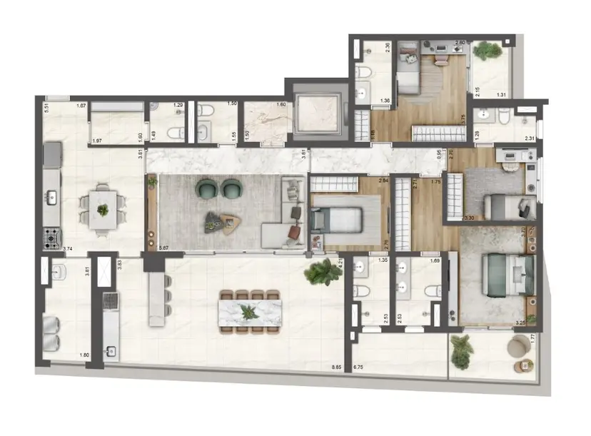 Planta 4 dormitórios 198 m²