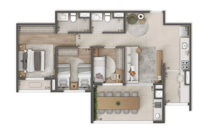Planta 3 dormitórios 82 m²