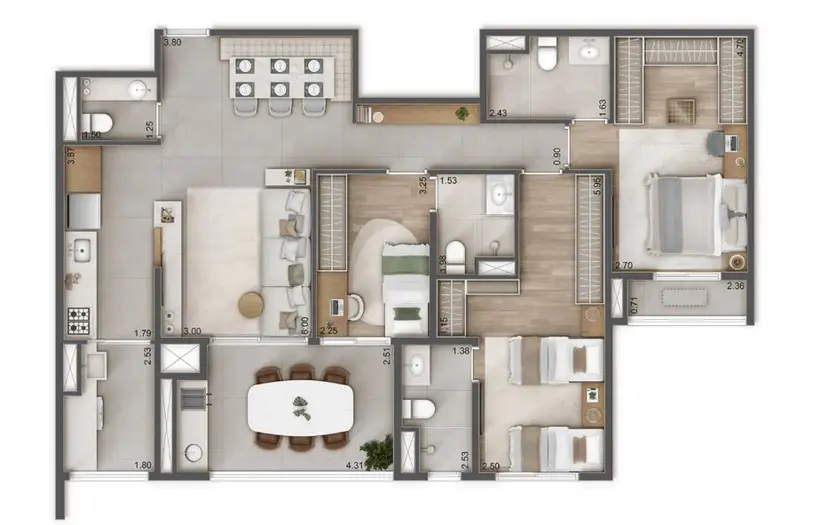 Planta 3 dormitórios 109 m²
