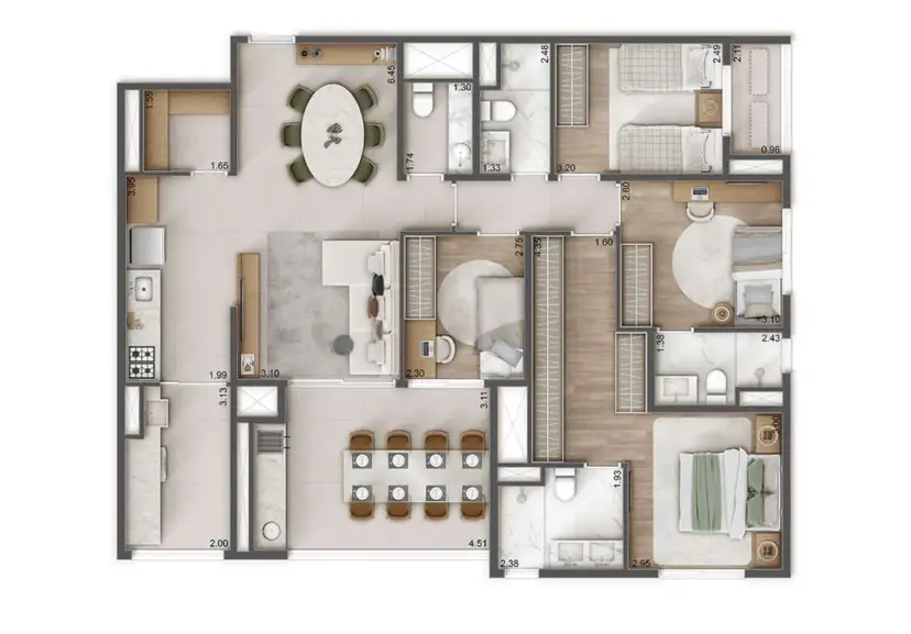 Planta 4 dormitórios 125 m²