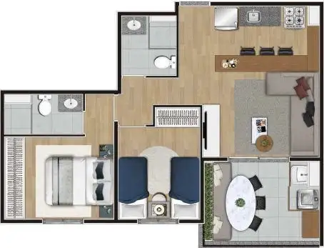 Planta 2 dormitórios 56,60 m²