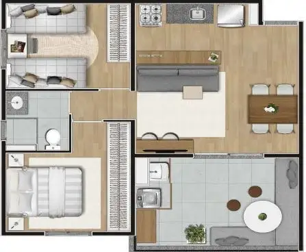 Planta 2 dormitórios 57,29 m²