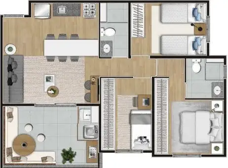 Planta 3 dormitórios 69,98 m²