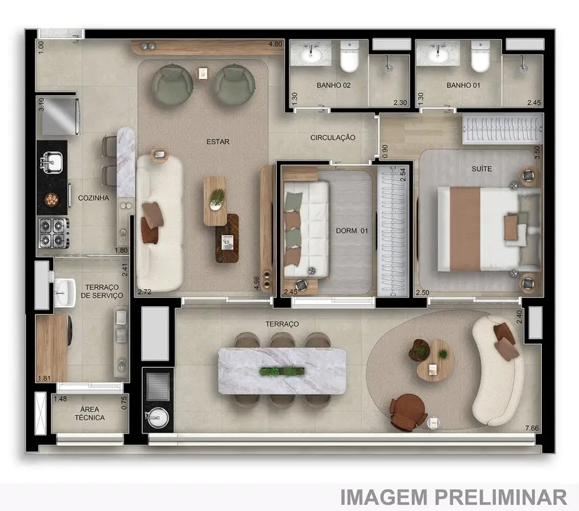 Planta 2 dormitórios 83 m²