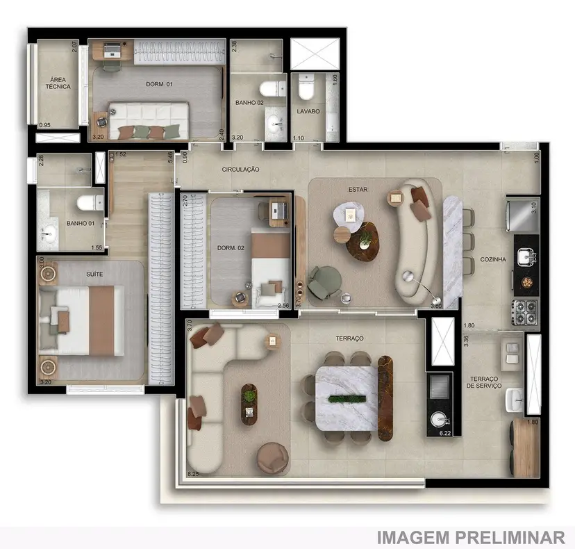 Planta 2 dormitórios 106 m²