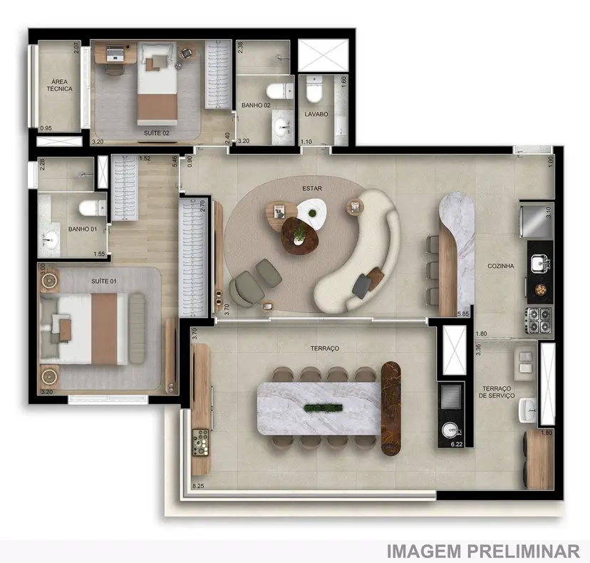 Planta 2 dormitórios – opção de planta 106 m²