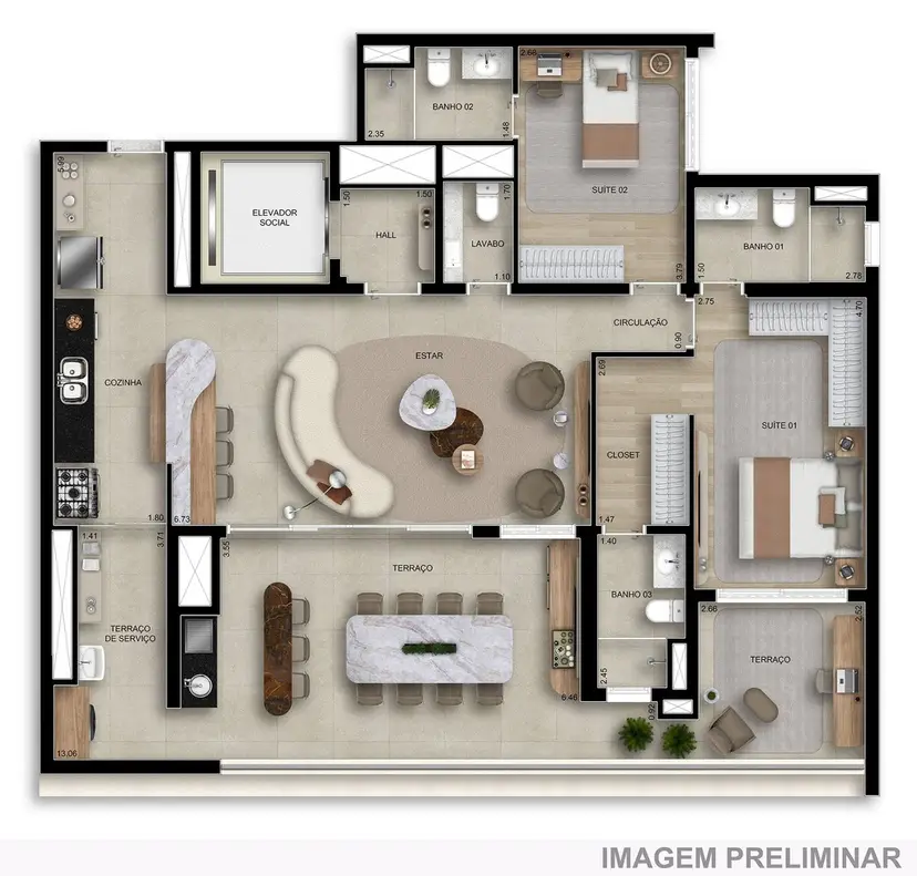 Planta 2 dormitórios – opção de planta 134 m²