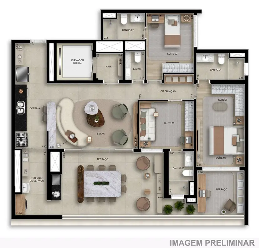 Planta 3 dormitórios 134 m²