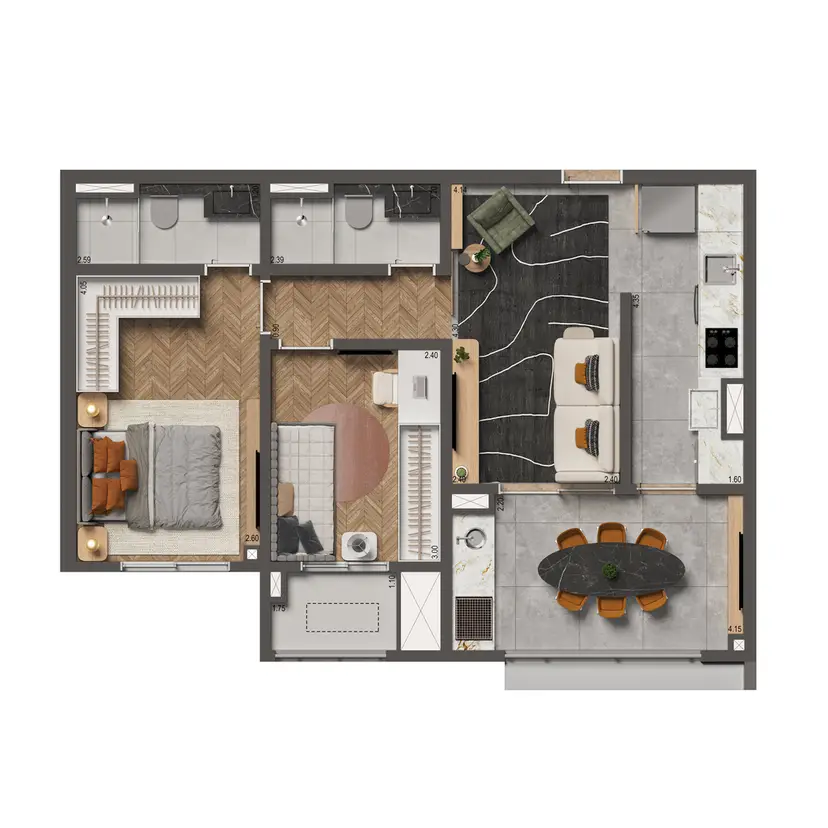 Planta 2 dormitórios 62 m²
