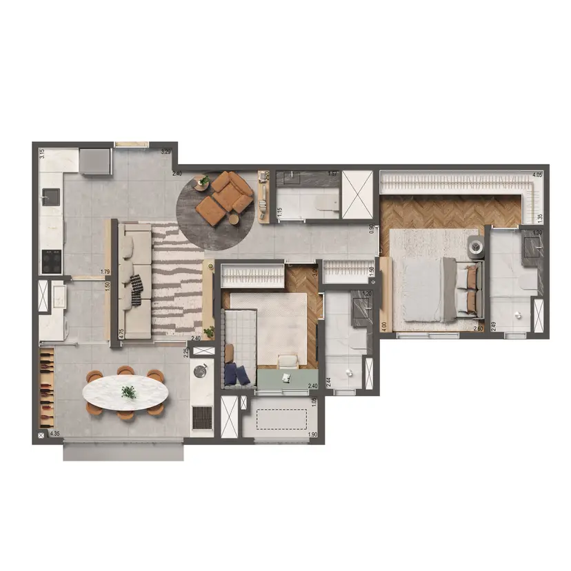 Planta 2 dormitórios 74 m²