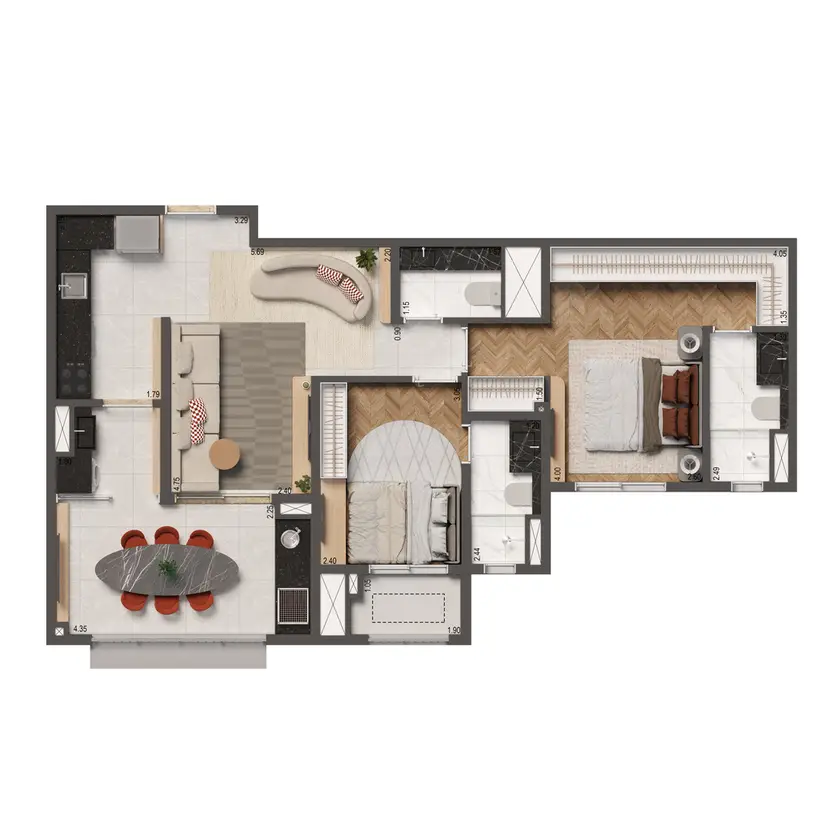 Planta 2 dormitórios – opção de planta 74 m²