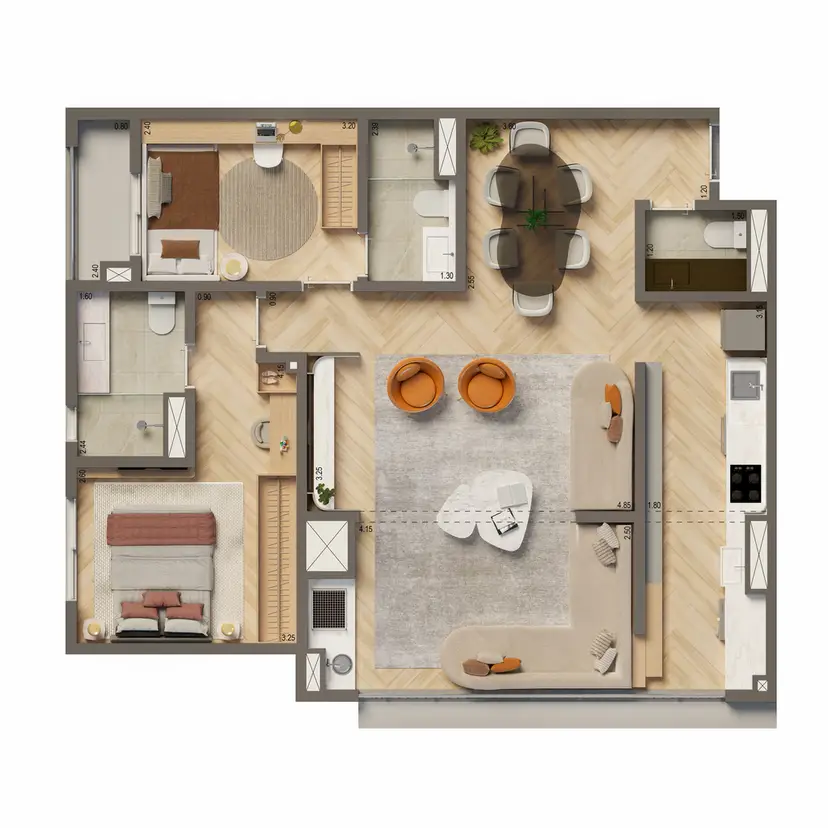 Planta 2 dormitórios 86 m²