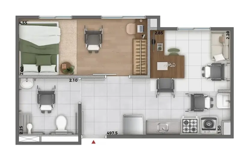 Planta 1 dormitório 32 m²