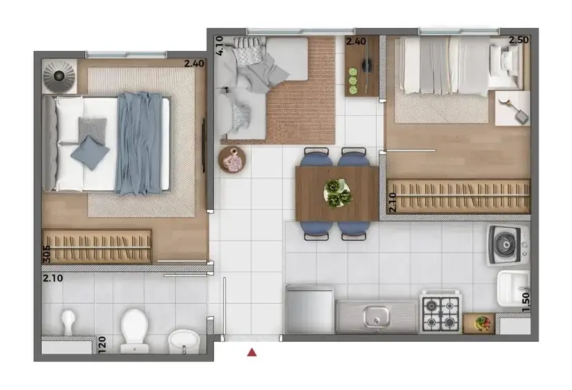 Planta 2 dormitórios 32 m²
