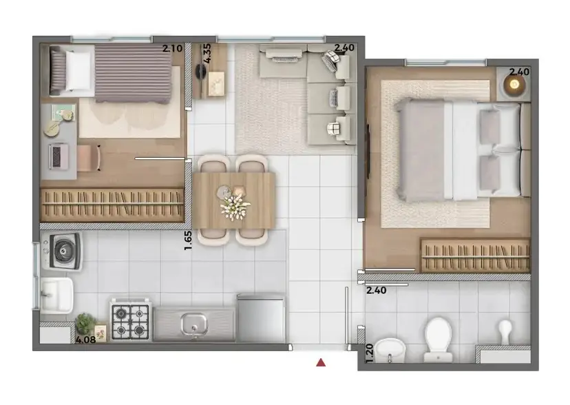 Planta 2 dormitórios 32 m²