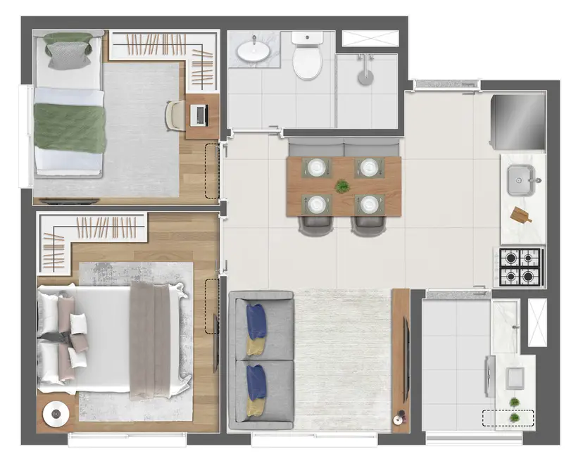 Planta 2 dormitórios 37 m²