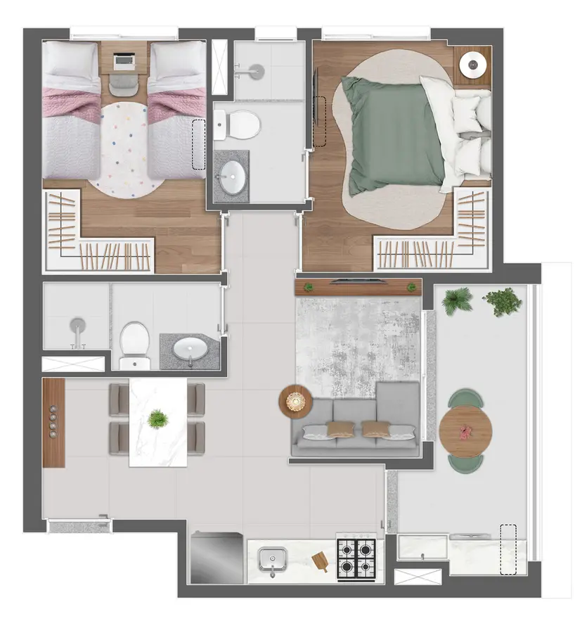 Planta 2 dormitórios 48 m²