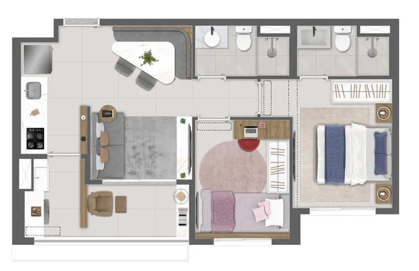 Planta 2 dormitórios 49 m²