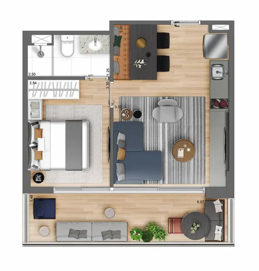 Planta 1 dormitório 43 m²