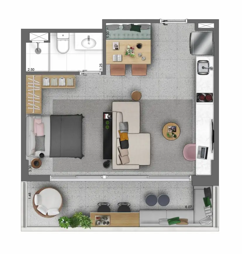 Planta Studio – opção de planta 43 m²
