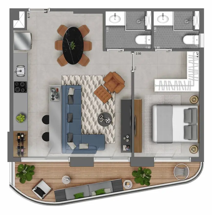 Planta 1 dormitório 64 m²