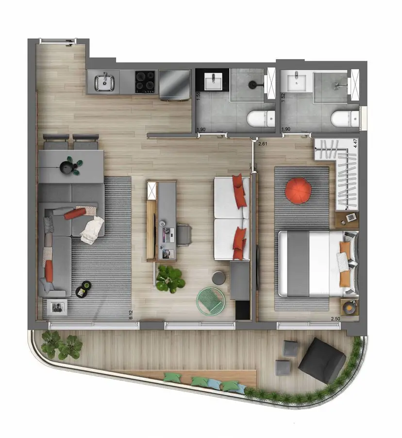 Planta 2 dormitórios 67 m²