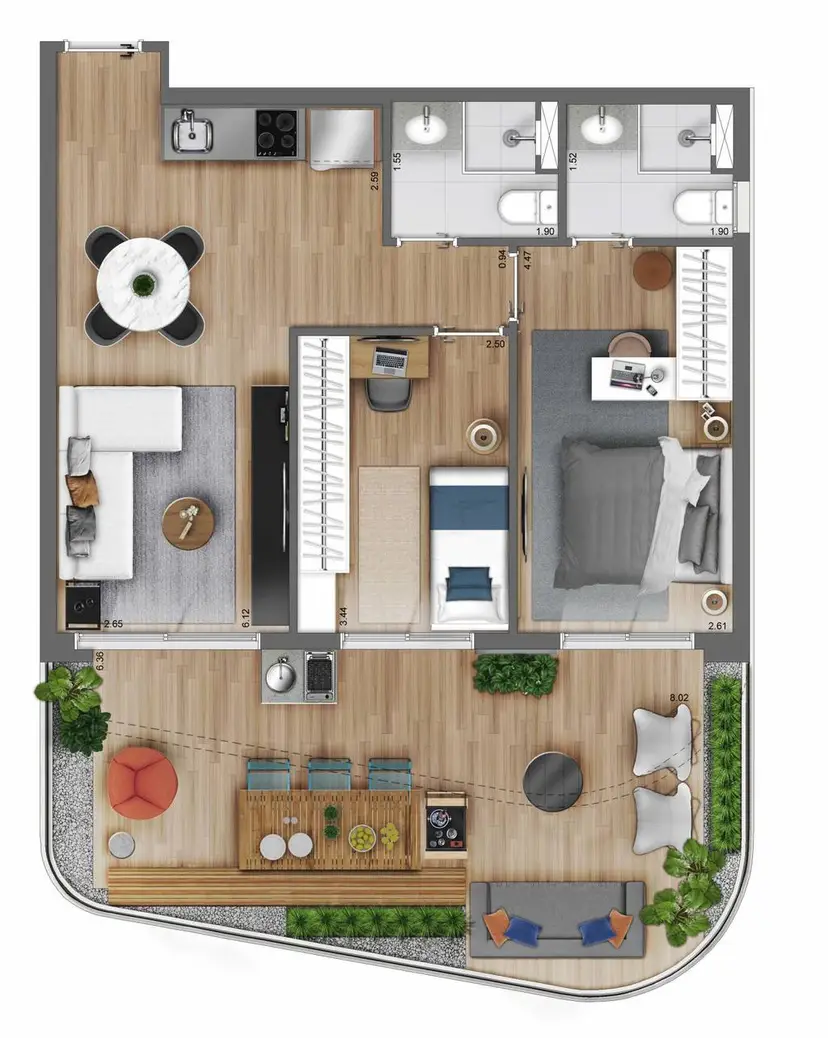 Planta 2 dormitórios – garden 85 m²