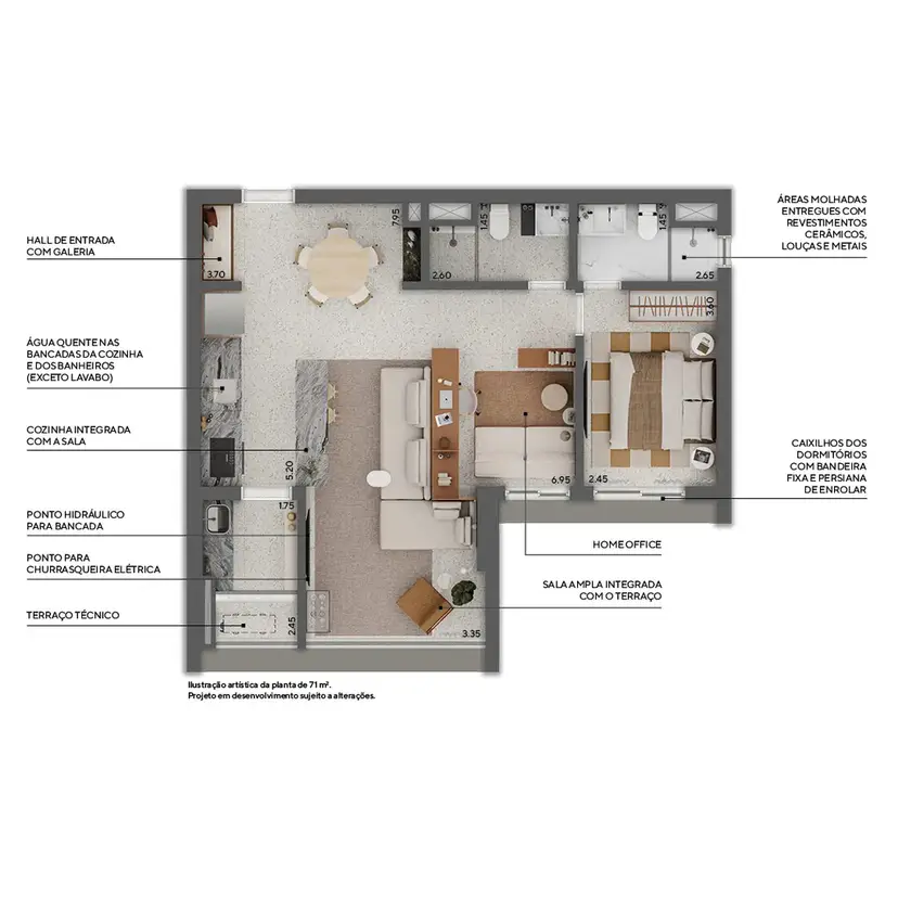 Planta 1 dormitório – opção de planta 71 m²