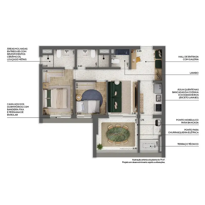 Planta 2 dormitórios 71 m²
