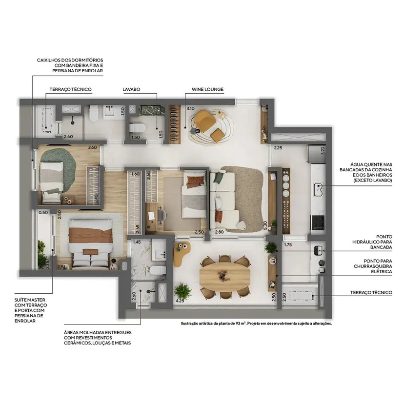 Planta 3 dormitórios 93 m²