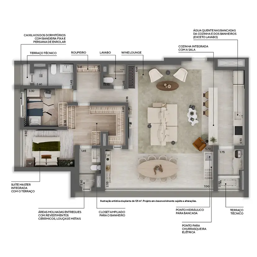 Planta 2 dormitórios – opção de planta 121 m²