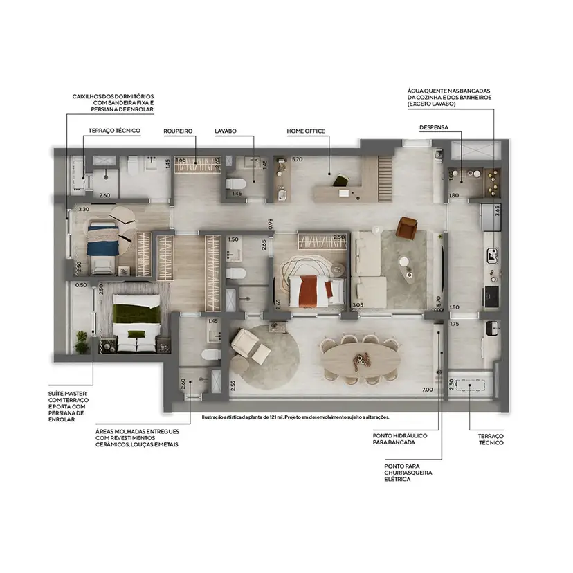 Planta 3 dormitórios 121 m²