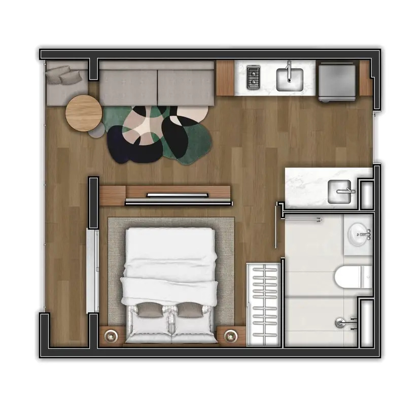 Planta 1 dormitório 29 m²