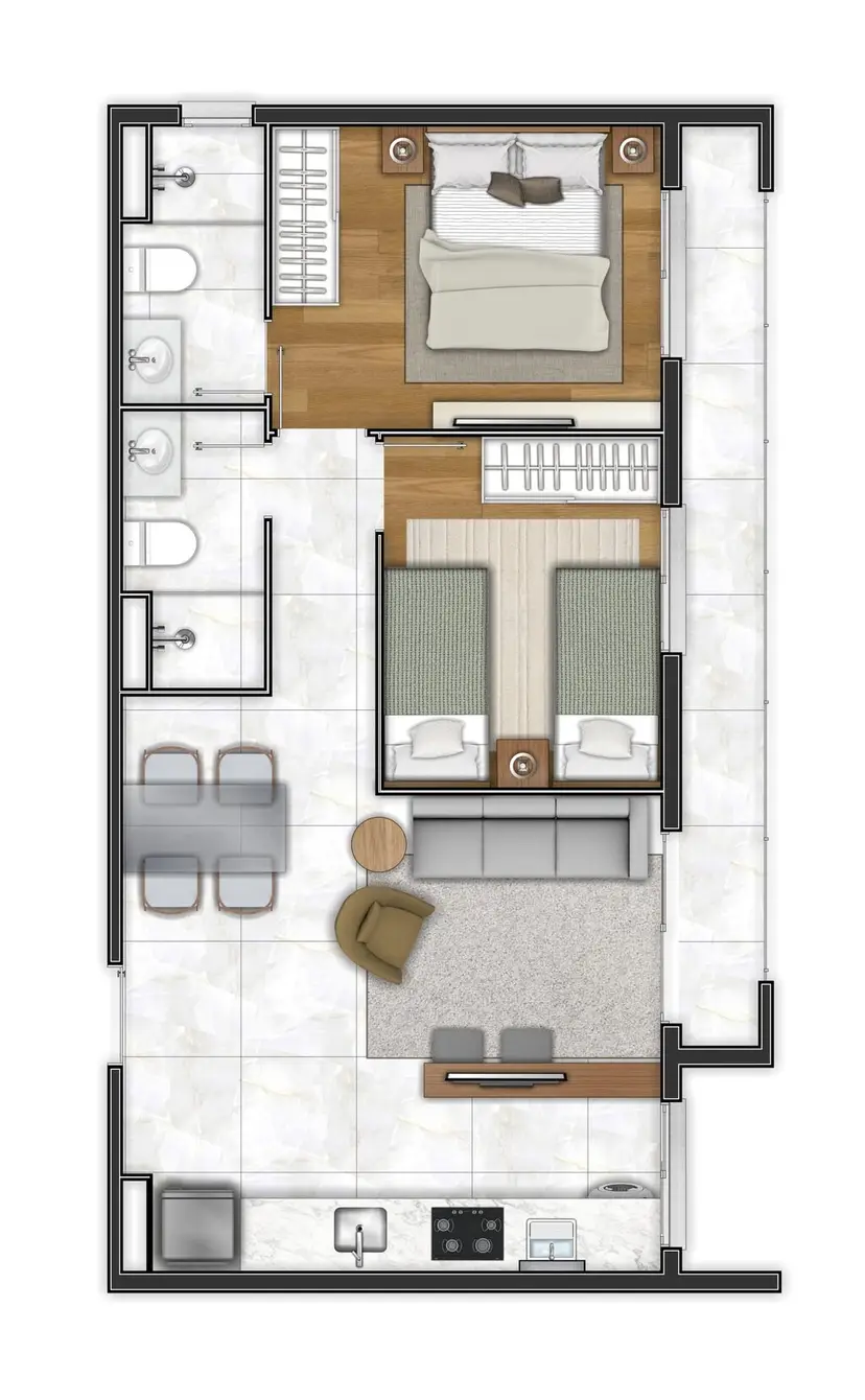 Planta 2 dormitórios 58 m²