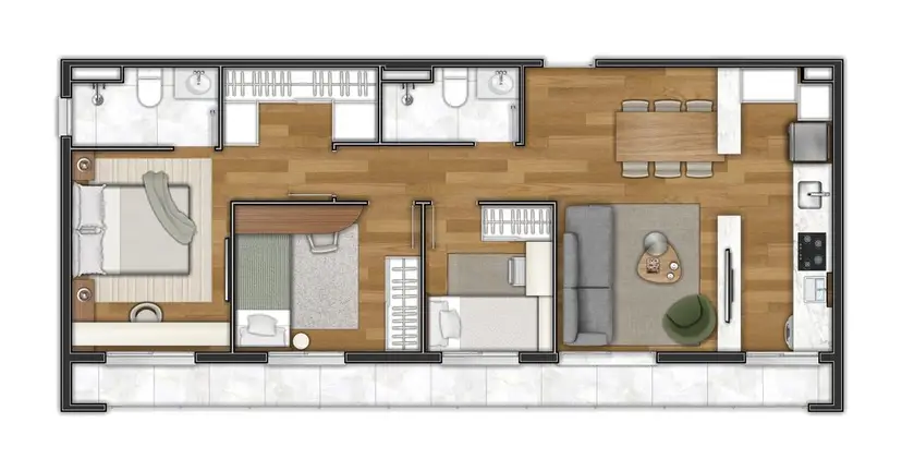 Planta 3 dormitórios 73 m²
