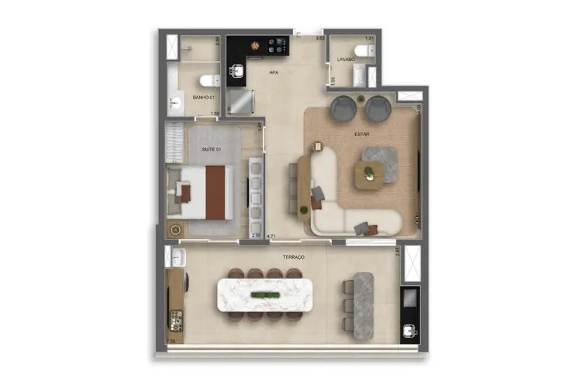 Planta 1 dormitório – opção de planta 74 m²