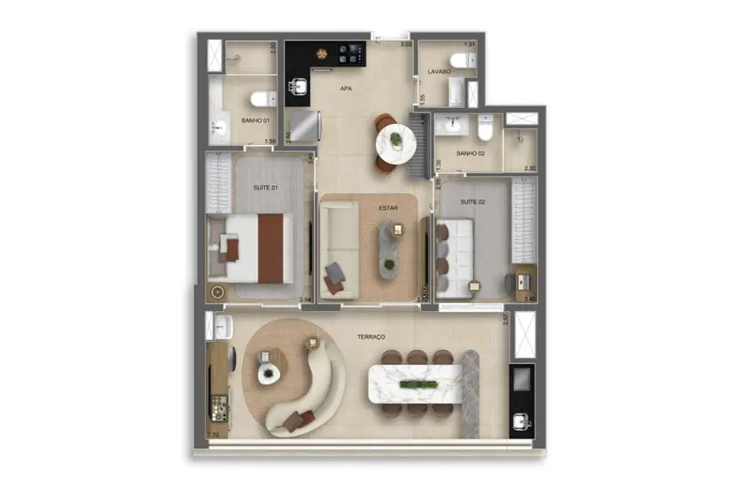 Planta 2 dormitórios 74 m²