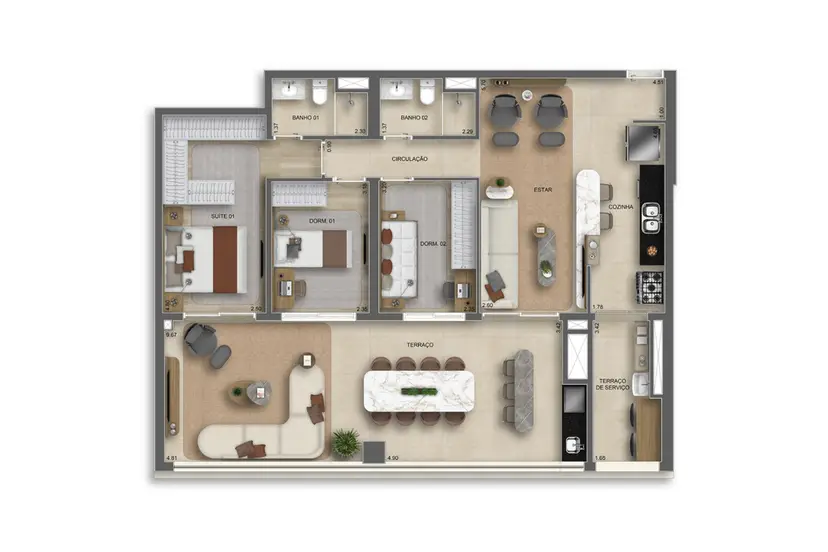 Planta 3 dormitórios 117 m²