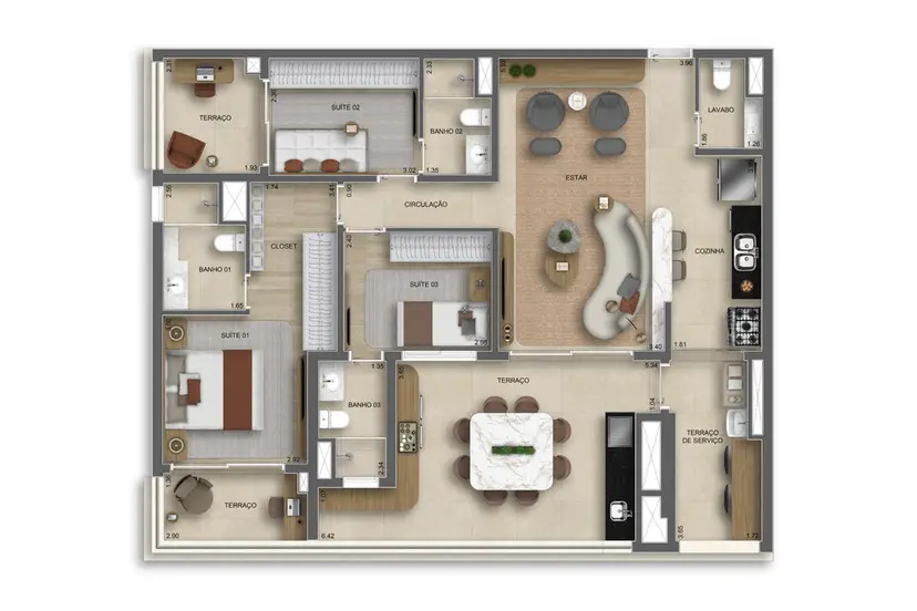 Planta 3 dormitórios 125 m²