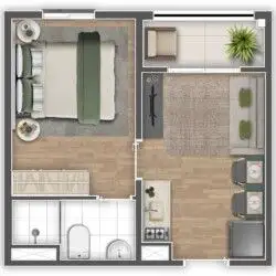 Planta 2 dormitórios 33,98 m²