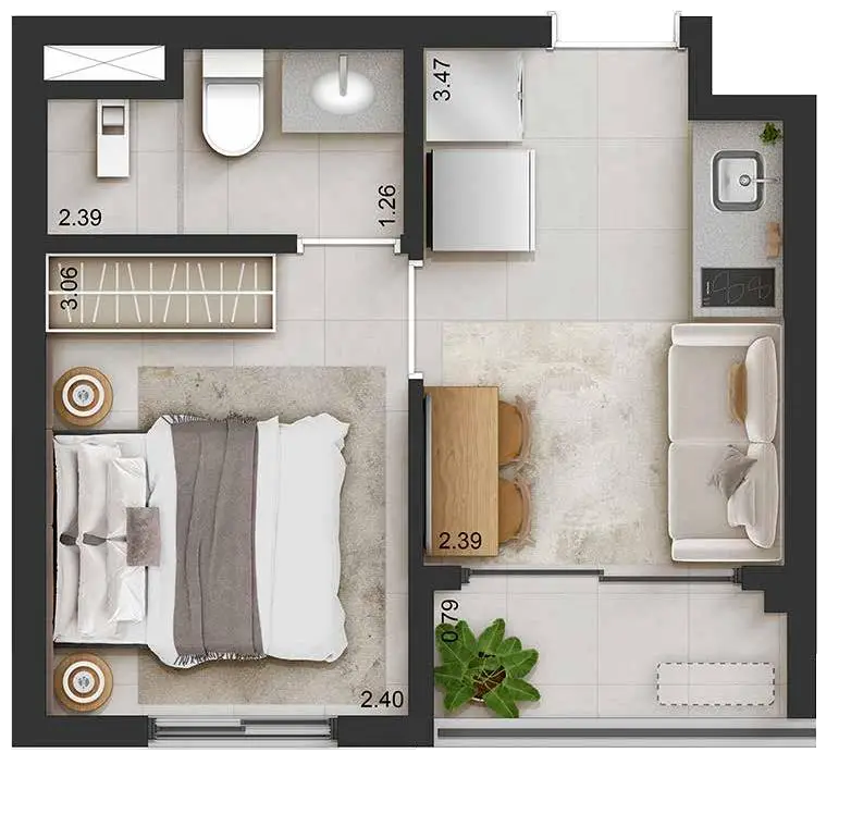Planta 1 dormitório 25 m²
