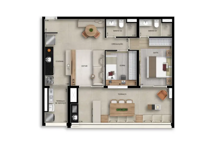 Planta 2 dormitórios 82 m²