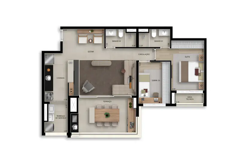 Planta 2 dormitórios – opção de planta 90 m²