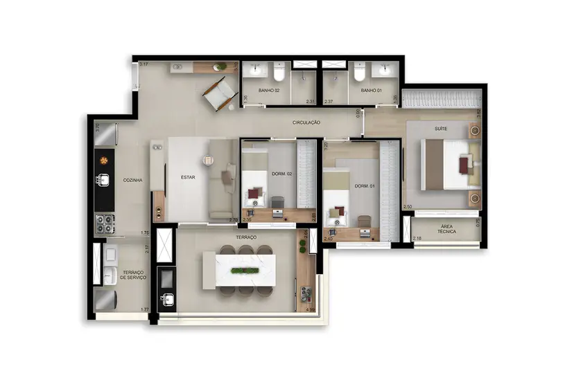 Planta 3 dormitórios 90 m²