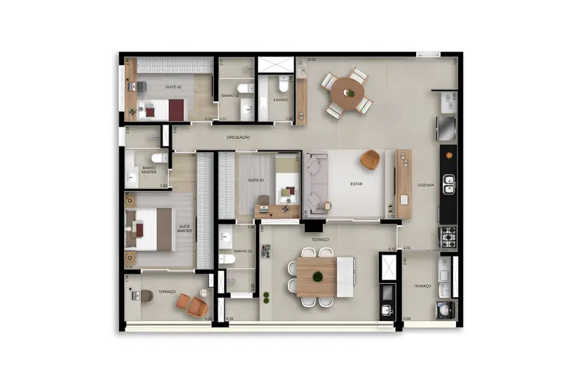 Planta 3 dormitórios 131 m²