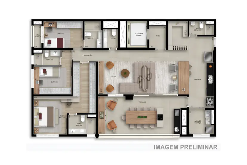 Planta 3 dormitórios 169 m²