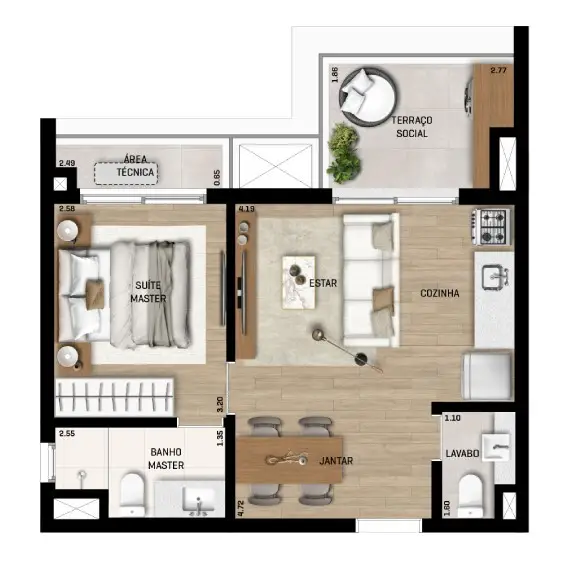 Planta 1 dormitório 46 m²